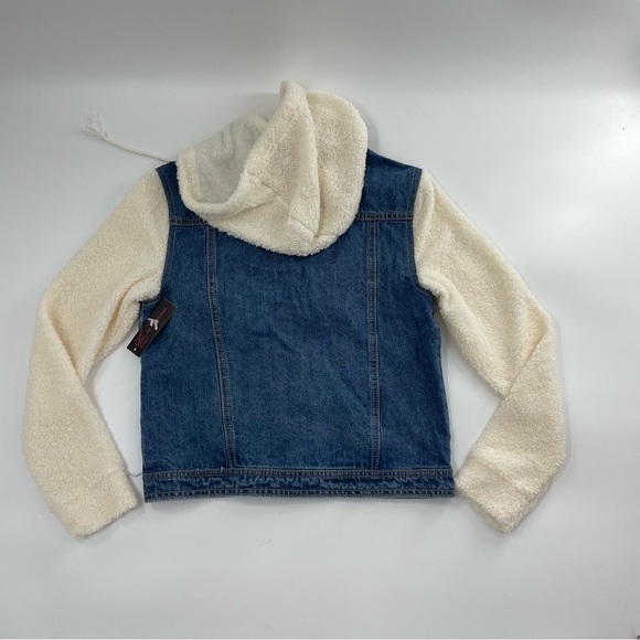 CREAM SHERPA SLEEVE HOODED BLUE DENIM JACKET NWT - Picture 7 of 9